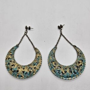 gold tone and blue cutout dangle chandelier earrings